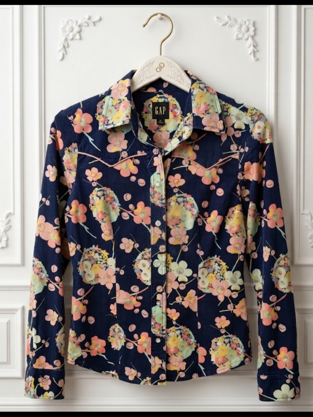 GAP Navy Floral Western-Style Shirt with Pink & Cream Blooms